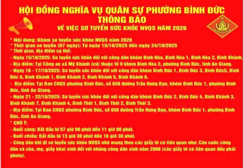 THÔNG BÁO - VỀ VIỆC SƠ TUYỂN SỨC KHOẺ NVQS 2026